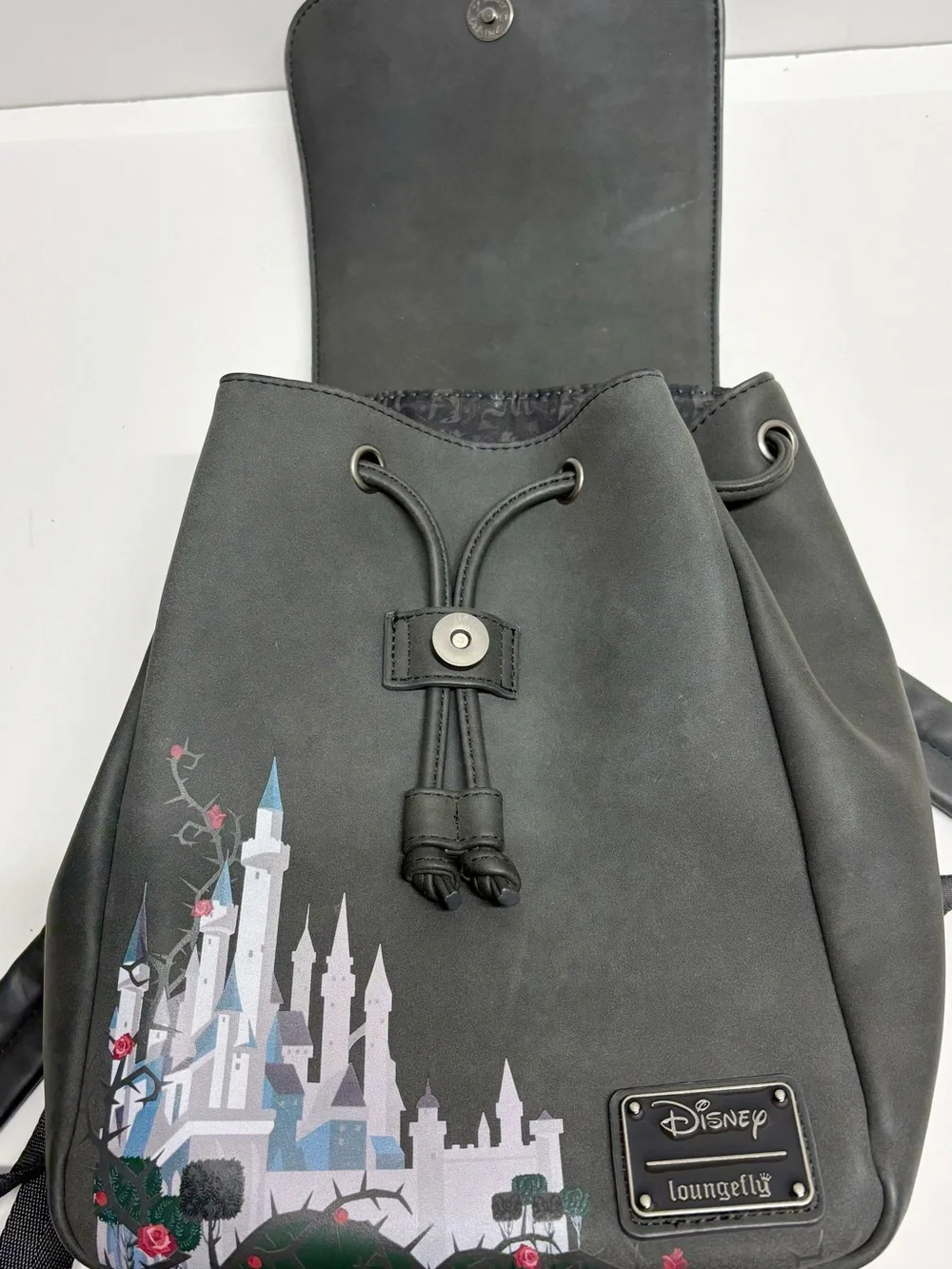 Disney Gray Floral Castle Drawstring Backpack with Red Rose Embroidery